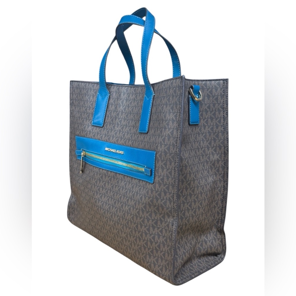 Michael Kors Kenly Brown Blue Lagoon MK Signature Large Tote Shoulder Bag Purse - Picture 7 of 14